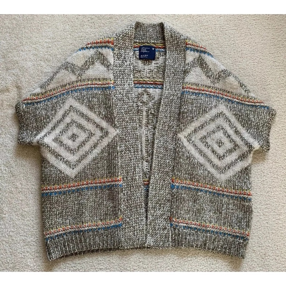 American Eagle Wool Alpaca Open Cardigan Sweater Wmns XS-S Chunky Aztec Tribal
